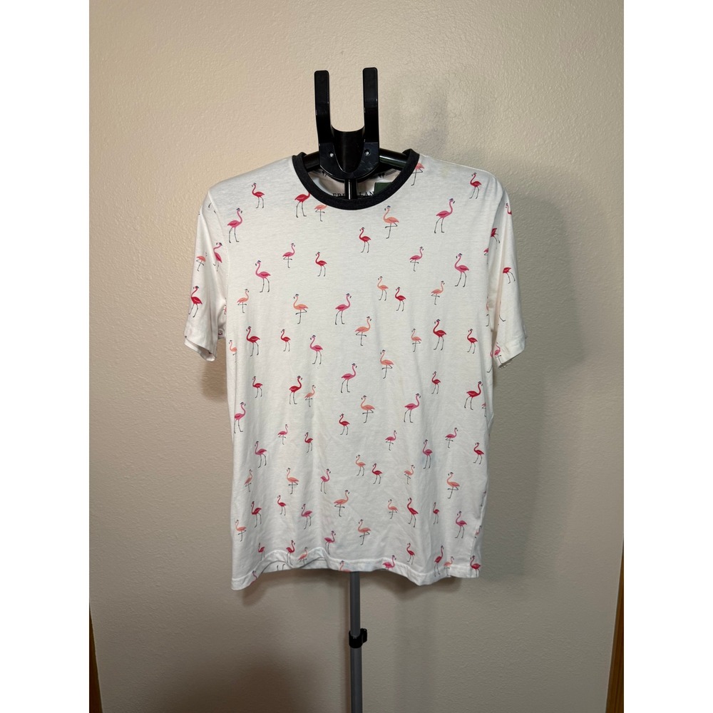 Free Planet Mens Flamingo Print Ringer T-Shirt White Black Size L Short Sleeve